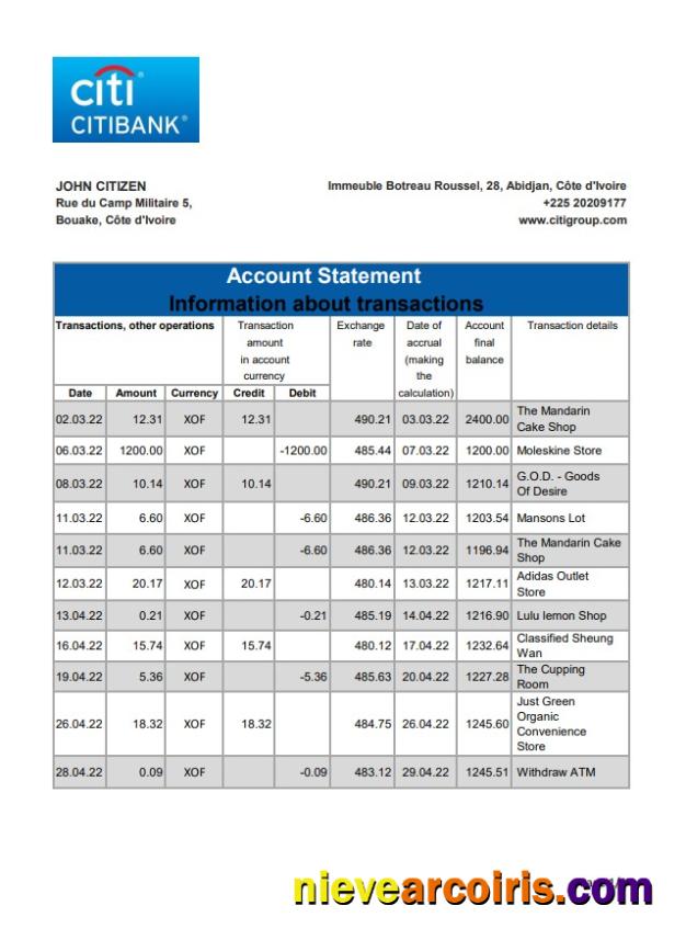 Cote d'Ivoire Citibank bank statement xls